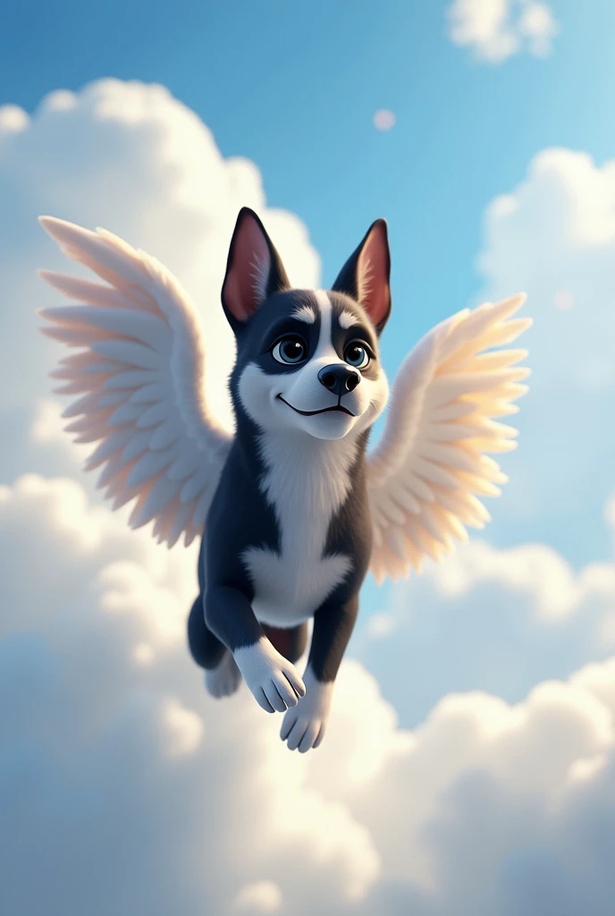 personagem de cachorro grown-up, eyes black, grown-up, hair around the eyes black, white snout, half black body, around the neck, chest and front legs all white, black ears, long snout, cachorro grande grown-up, comprido, hairless, very short coat, with white angel wings, flying with sky and clouds background, animation character, stylized character, animation style rendering, 3d stylized, Arnold Maya rendering, Stylized 3D rendering, toon render screenshot, 3d character, 3d character, Stylized 3D rendering, 3D character rendering, cartoon character, Personagem de close up, character posing, (Pixar-style) (master part:1.2) (bokeh) (best quality) (skin detailed) (detailed texture) (8k) (Argilla) (cinematic lighting) (sharp focus