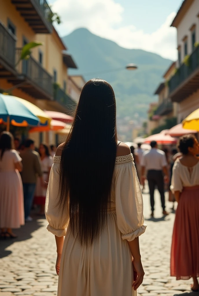 gorgeous woman, white with straight black hair, with linen fabric clothes from the 1862s admiring the center of Rio de Janeiro in 1855, the streets full of people from different social classes, and enchanted by the beauty of the city.