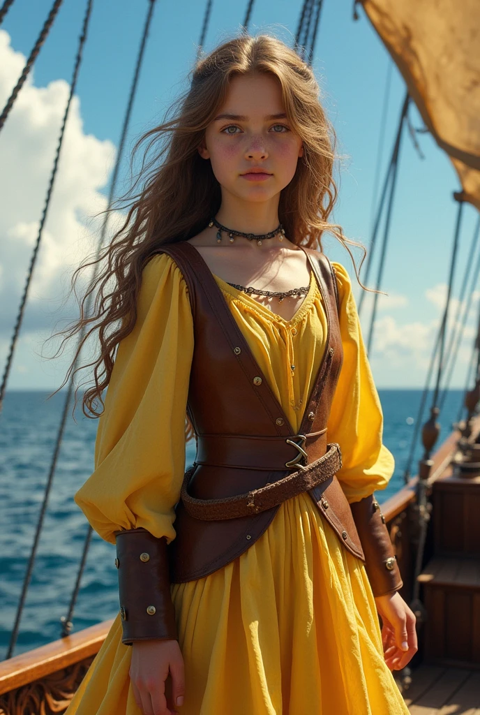 A teenage girl with long, light brown wavy hair, with kind brown eyes, wearing a leather jerkin over a plain lemon yellow medieval europe dress standing on the deck of a ship
