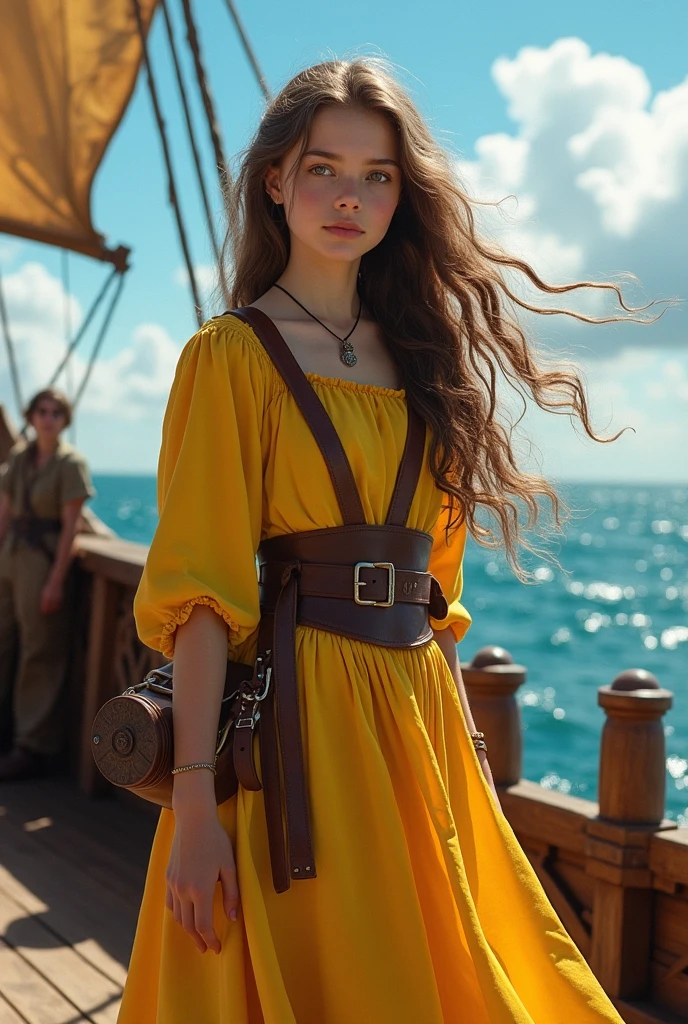 A teenage girl with long, light brown wavy hair, with kind brown eyes, wearing a leather jerkin over a plain lemon yellow medieval europe dress standing on the deck of a ship