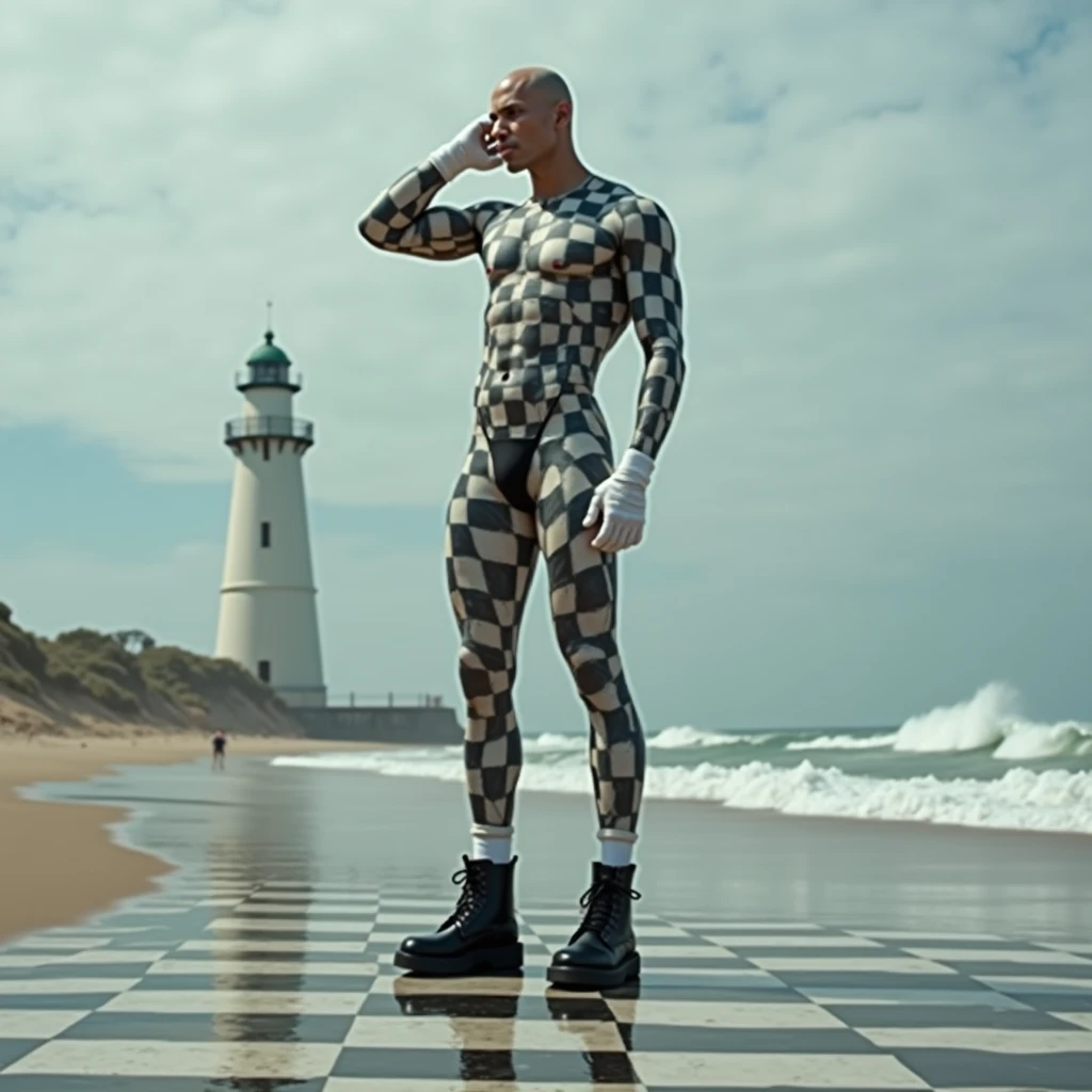 Surreal full body photograph of a man, male, focus on a man, very muscular and very tall (he is 6 feet and 5 inches tall), he has one hand on the back of his head and his head is shaved, where he has body paint with paints like a chess game all over his body that covers all his skin, she has a half white hat and the other half black, she wears white rubber gloves, black men's shoes on stilts, the bikini has a chess game design, there is a sea where the water is turbulent and in the background there is a large lighthouse to navigation, sand is replaced by black and white tiles, good quality, masterpiece., 8k, best quality, UHD, masterpiece, accurate, textured skin, anatomically correct, super detail, high details, award winning, high quality, best quality, highres, 8k