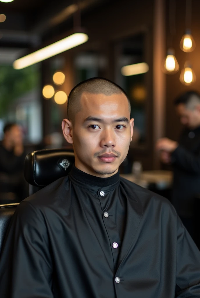 Asian man gets his head shaved and his eyebrows shaved until he&#39;s bald.
