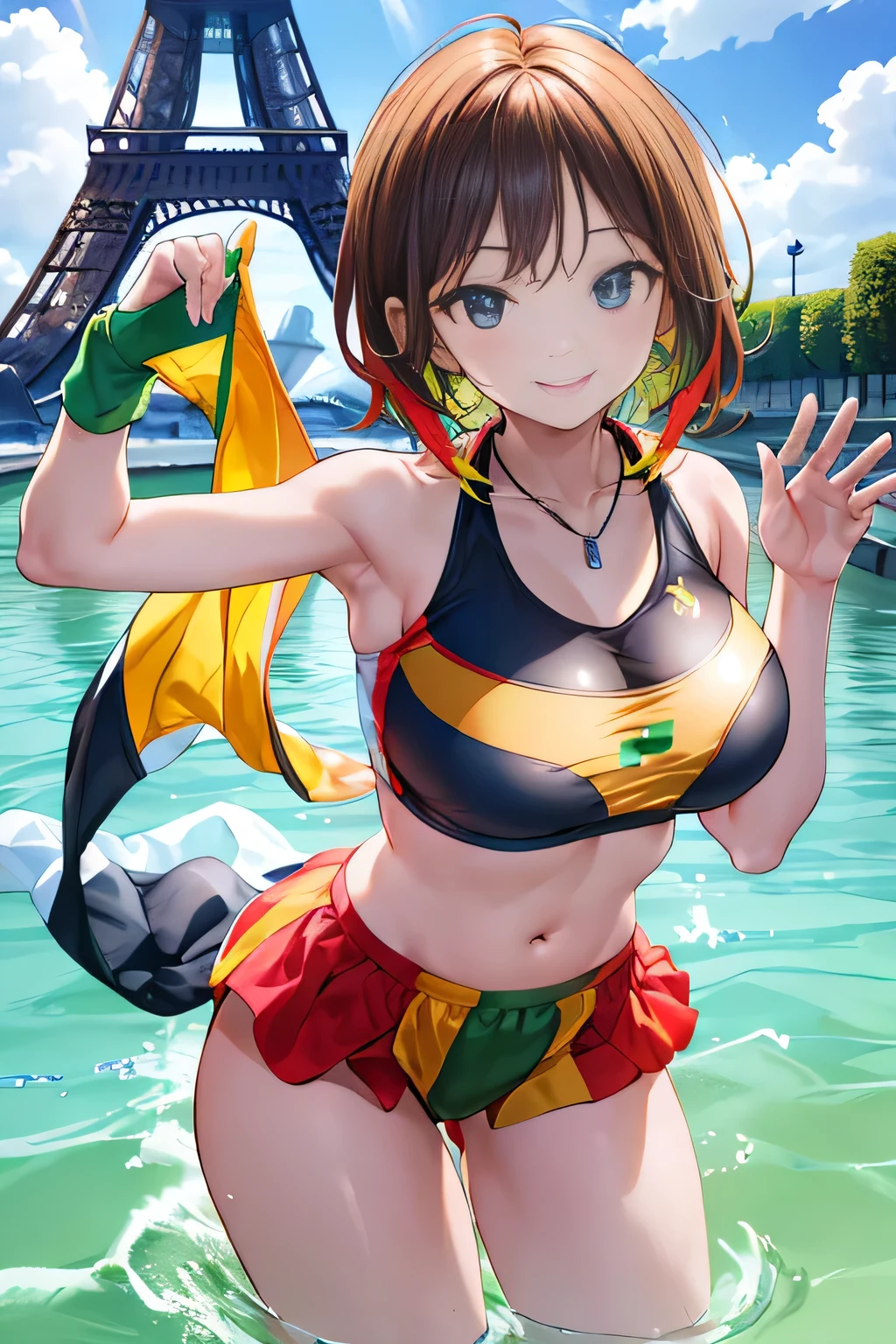 (((Jamaican flag themed costumes:1.3))),(),(((smile:1.3))),(((Women behind the Paris Olympics:1.3))),(((International flags flying in the streets of Paris))),(((Eiffel Tower in the background))),(((The Seine in the background))),masterpiece,Highest quality,Ultra-high resolution output images,Write Boundary Depth,Intricate details,Add depth to your subject with contrast between light and shadow,Anatomically correct facial structure),(Picture Mode Ultra HD,)
