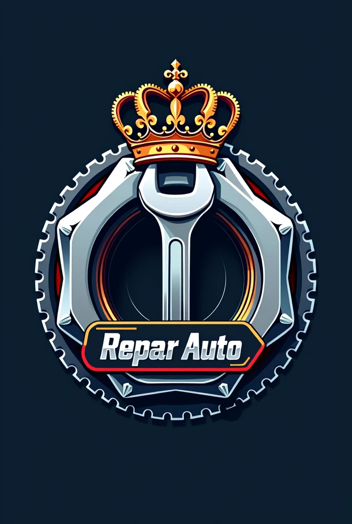 A logo of an automotive workshop
, and its logo is a nut with a crown on top and a wrench in the center and it is called ReparAuto