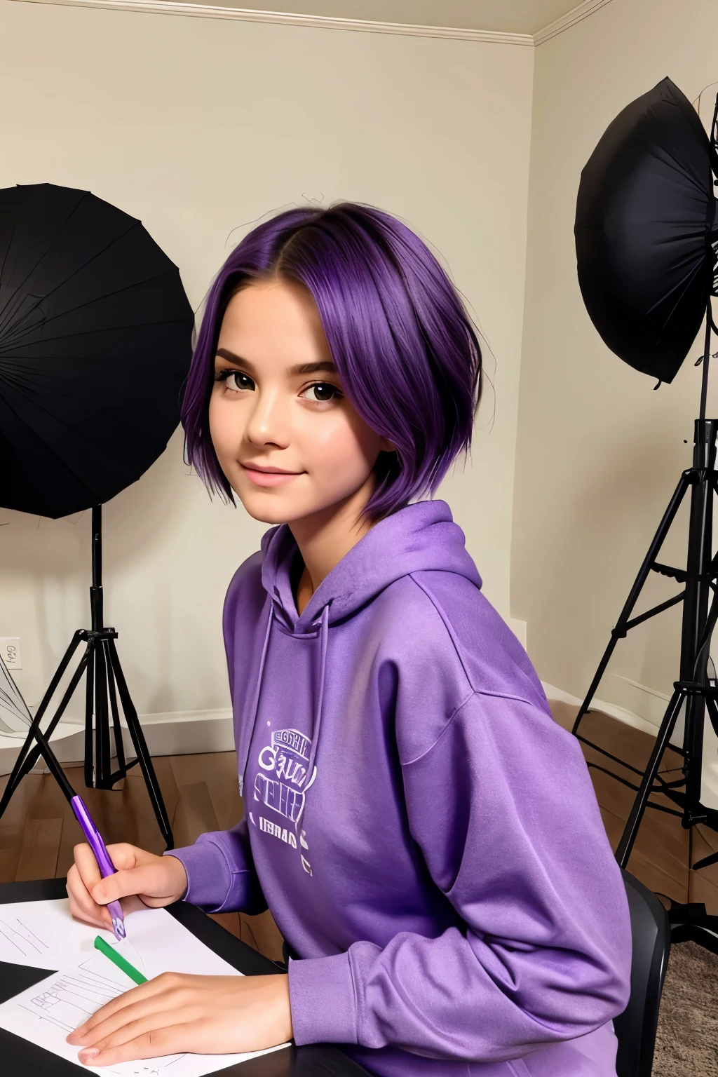Drawing girl with short hair in purple sweatshirt BTS