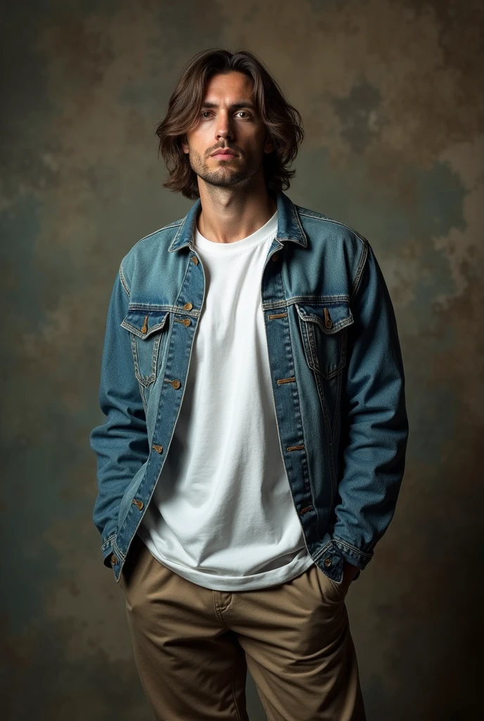 photo, rule of thirds, dramatic lighting, medium hair, detailed face, detailed nose, man wearing oversized white t-shirts , full body, wearing joggers in legs, above t-shirt wearing denim, intricate background
,realism, realistic, raw, analog, man, portrait, photorealistic, analog, realism
