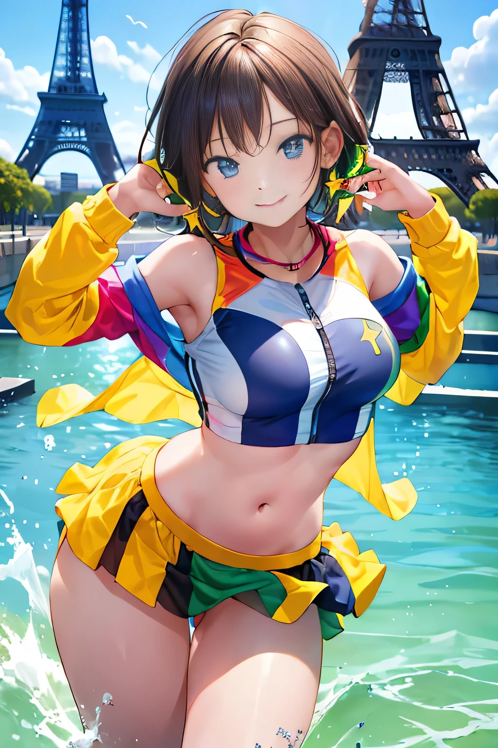 (((Jamaican flag themed costumes:1.3))),(),(((smile:1.3))),(((Women behind the Paris Olympics:1.3))),(((International flags flying in the streets of Paris))),(((Eiffel Tower in the background))),(((The Seine in the background))),masterpiece,Highest quality,Ultra-high resolution output images,Write Boundary Depth,Intricate details,Add depth to your subject with contrast between light and shadow,Anatomically correct facial structure),(Picture Mode Ultra HD,)