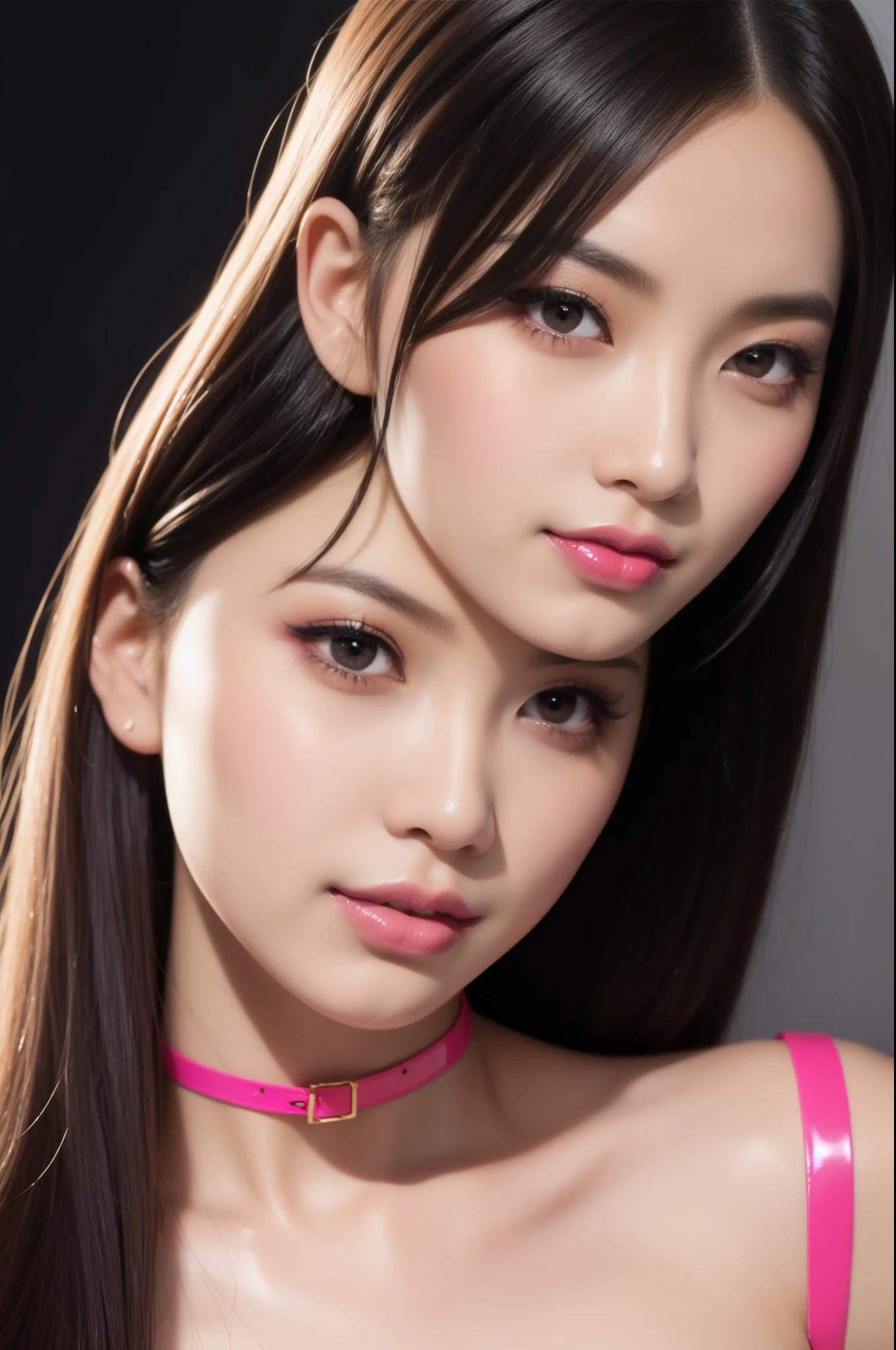 nsfw、sexy asian fashion model、glossy lipstick、smiling face、defined eyebrows、ultra detailed drama makeup、long lashes、full body Esbian、ultra detailed latex business dress(neon pink)、latex choker、latex bracelets、Colorful hair