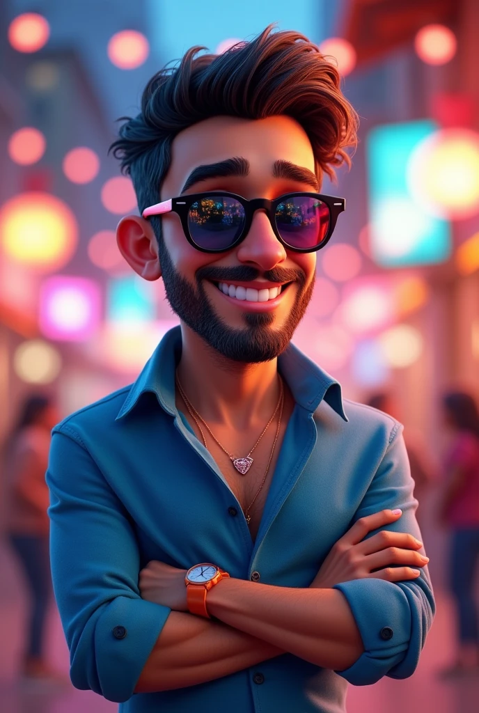 Cartoon character of a man with sunglasses and a blue shirt, animation character, Caractere estilizado, animation style rendering, 3D estilizado, Arnold Maya render, 3 d render stylized, toon render keyshot, Personagem 3D, Personagem 3D, 3d rendering stylized, 3 d character render, personagem de desenho animado, Personagem de close up, Pose de personagem, (Estilo Pixar) (master part:1.2) (Bokeh) (best quality) (pele detalhada) (textura detalhada) (8k) (argila) (Cinematic lighting) (foco nítido