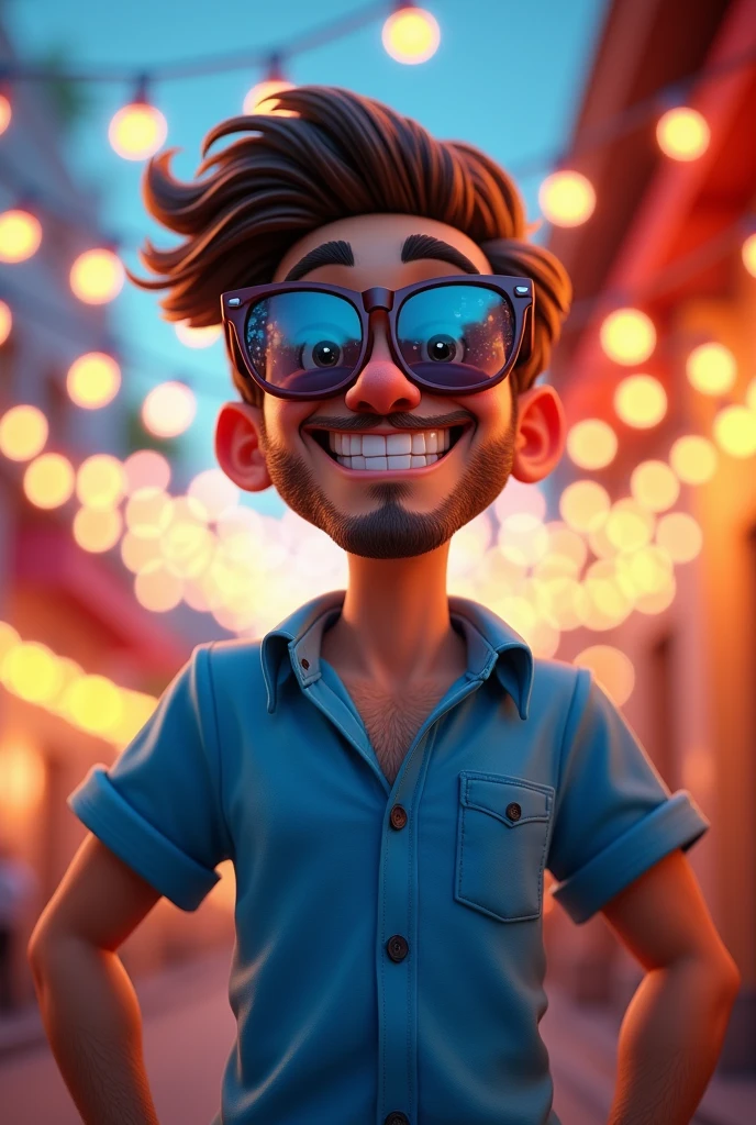 Cartoon character of a man with sunglasses and a blue shirt, animation character, Caractere estilizado, animation style rendering, 3D estilizado, Arnold Maya render, 3 d render stylized, toon render keyshot, Personagem 3D, Personagem 3D, 3d rendering stylized, 3 d character render, personagem de desenho animado, Personagem de close up, Pose de personagem, (Estilo Pixar) (master part:1.2) (Bokeh) (best quality) (pele detalhada) (textura detalhada) (8k) (argila) (Cinematic lighting) (foco nítido