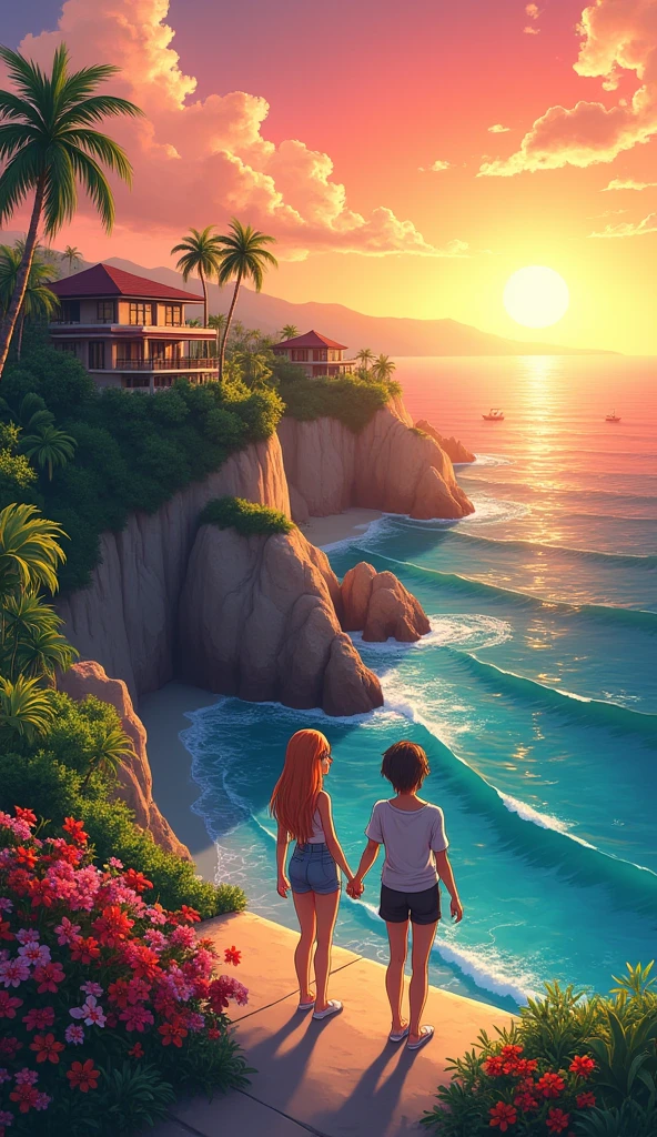 A anime inspired vibrant sunset scene on a picturesque coastal cliffside, where a couple is standing hand in hand, overlooking the ocean. The sun is large and bright, casting a golden-orange hue over the sky and reflecting a shimmering path of light on the water. The couple, wearing summer clothing, is gazing at the view. Below, waves gently crash against the rocky cliffs, and several small boats and sailboats can be seen in the water. Luxurious villas are perched on the cliffs, surrounded by lush greenery, and the scene is framed by palm leaves and tropical plants. The atmosphere is peaceful and romantic, with a sense of adventure in the scenic landscape.