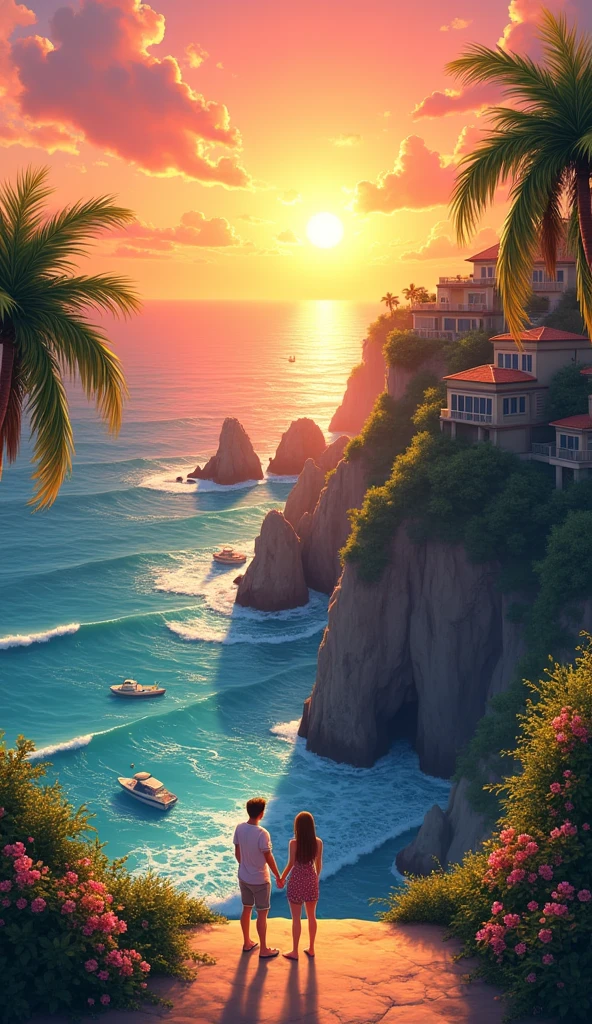 A anime inspired vibrant sunset scene on a picturesque coastal cliffside, where a couple is standing hand in hand, overlooking the ocean. The sun is large and bright, casting a golden-orange hue over the sky and reflecting a shimmering path of light on the water. The couple, wearing summer clothing, is gazing at the view. Below, waves gently crash against the rocky cliffs, and several small boats and sailboats can be seen in the water. Luxurious villas are perched on the cliffs, surrounded by lush greenery, and the scene is framed by palm leaves and tropical plants. The atmosphere is peaceful and romantic, with a sense of adventure in the scenic landscape.