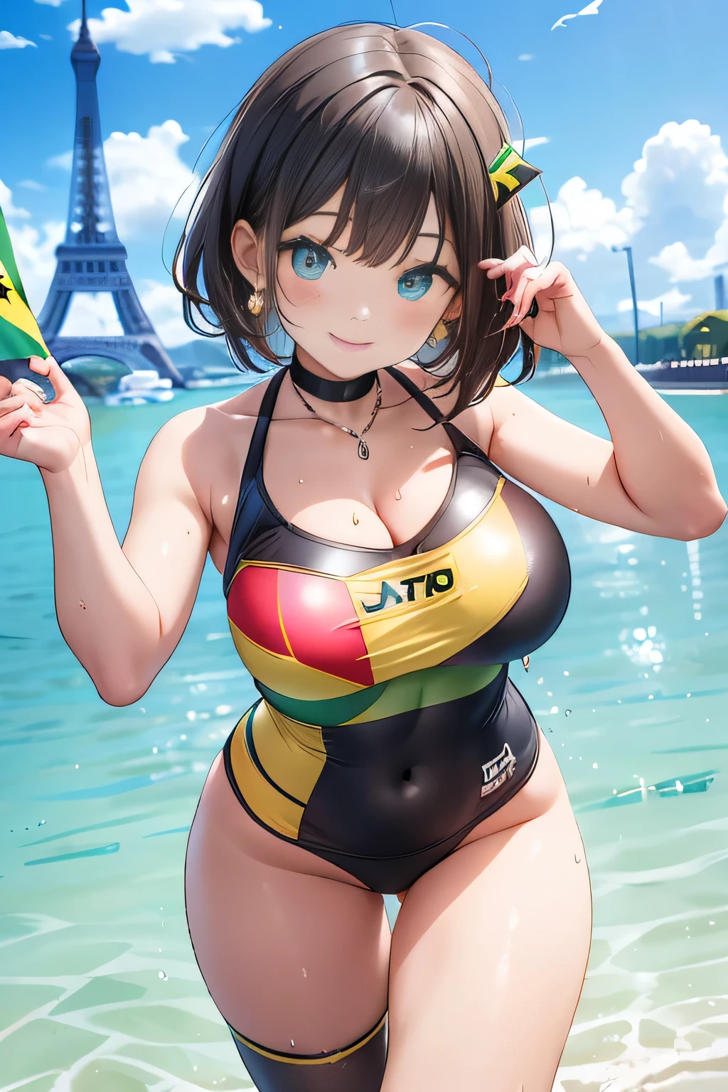 (((Jamaican flag themed costumes:1.3))),(),(((smile:1.3))),(((Women behind the Paris Olympics:1.3))),(((International flags flying in the streets of Paris))),(((Eiffel Tower in the background))),(((The Seine in the background))),masterpiece,Highest quality,Ultra-high resolution output images,Write Boundary Depth,Intricate details,Add depth to your subject with contrast between light and shadow,Anatomically correct facial structure),(Picture Mode Ultra HD,)