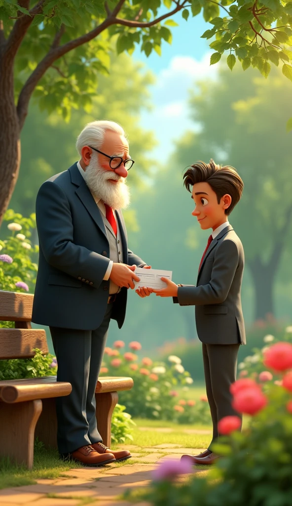a rich old man giving a young sad business man a cheque at a park, 3d, pixar style, cinematic,masterpiece, aesthetic, realistic