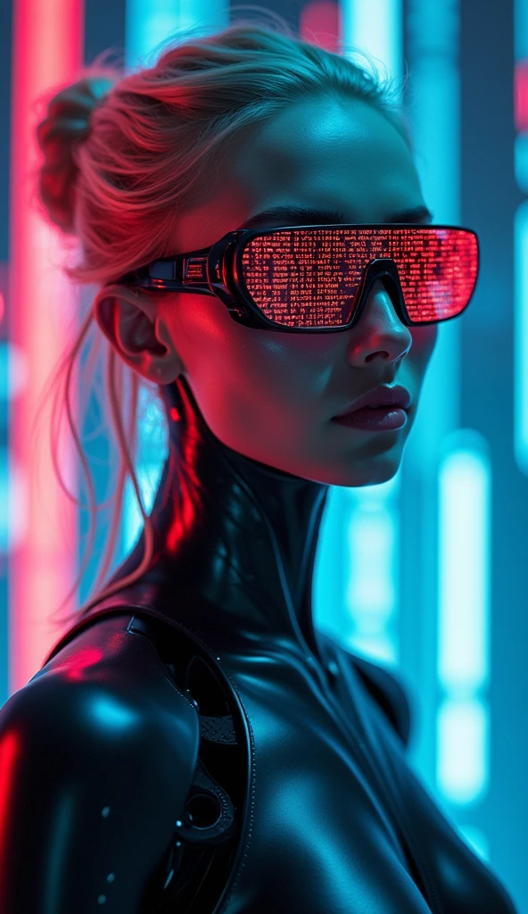 (masterpiece:1.2,Distinguished Quality,Cinematic Experience),8k,Wallpaper,ray tracing,(Robot woman),They are standing full body,(Nordic woman,sexy),(Wearing futuristic cyber glasses:2.0,Data displayed on the glasses in matrix mode:2.0,Detailed drawing of the glasses:2.0),(A face with attention to detail.,detailed skin texture,Beautiful skin on the face),(looking to the camera),(Forehead),(close up of body posing:2.0),(Server crash:2.0),(The background is a wall of computational data:2.0),(bright lips:1.5)