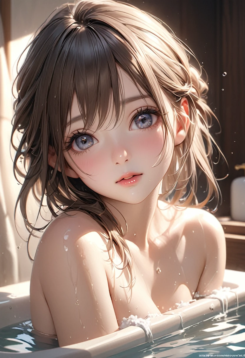 masterpiece:1.2, top quality, 16 thousand., a high resolution, super realistic, Beautiful super detailing, photorealistic:1.37, beautiful and sweet girl, After taking a bath, I&#39;m standing in the locker room, wear a bath towel, bare shoulder, wet hair, Beautiful and soft long hair, eyelashes, beautiful and gentle eyes, sparkling eyes, Beautiful and tender lips, shiny lips, beautiful and delicate dress, gentle smile,