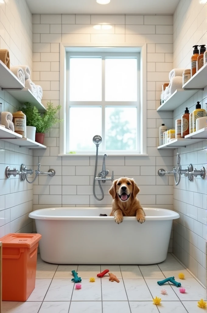 Dog bathtub room with withe tiles, water hoes hanging in the wall, add dog washing equipment and product 