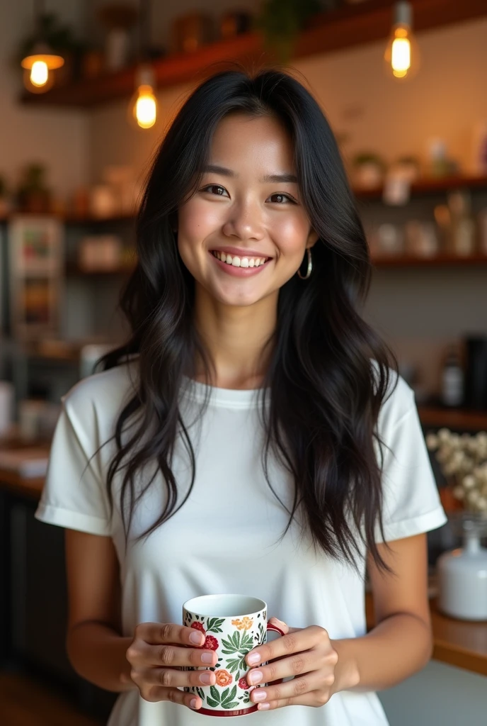 beautiful young smiling woman with a white tshirt and  long dark hair, detailed face, happy expression, wide smile, holding a custom mug, standing in a shop, white shirt, photorealistic, intricate details, cinematic lighting, warm tones, masterpiece, ultra-detailed, 4k, hyper realistic, studio lighting, physically-based rendering, vivid colors
