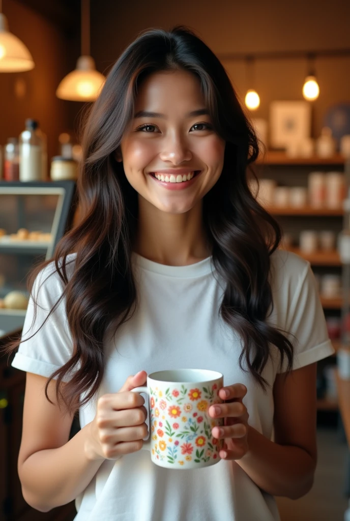 beautiful young smiling woman with a white tshirt and long dark hair, detailed face, happy expression, wide smile, holding a custom mug, standing in a shop, white shirt, photorealistic, intricate details, cinematic lighting, warm tones, masterpiece, ultra-detailed, 4k, hyper realistic, studio lighting, physically-based rendering, vivid colors