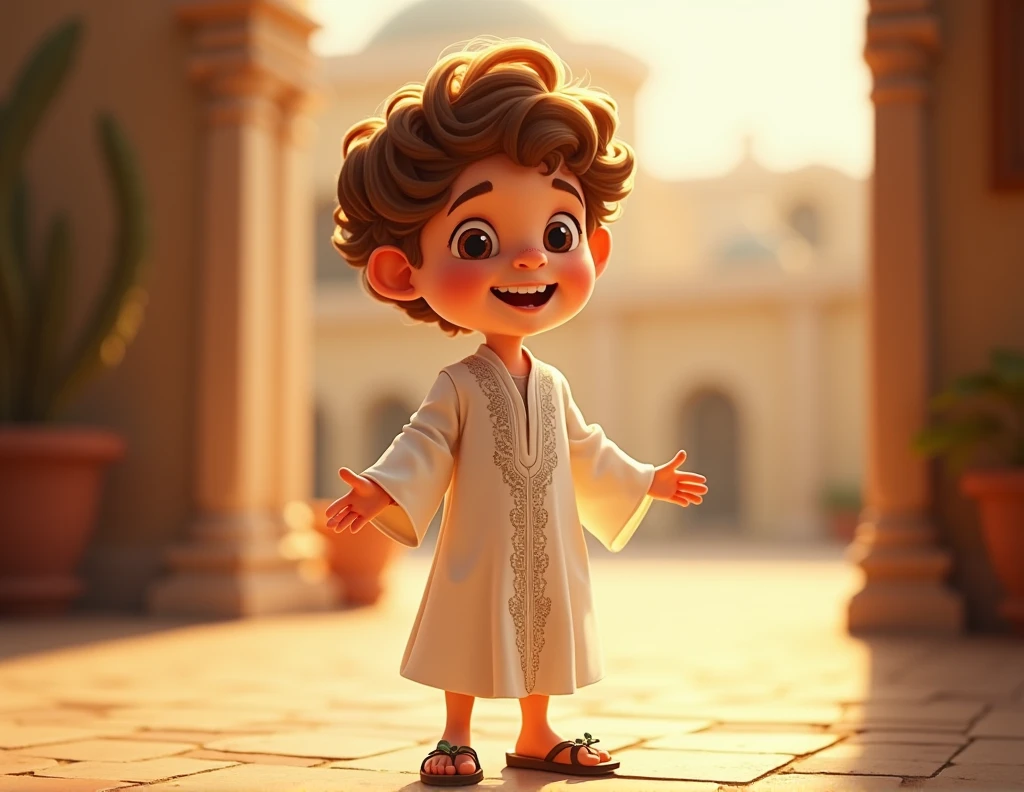 a young jew, Full-body image, 7 years old, Pixar-style, Caucasian skin, Short curly hair light brown color, wearing a white Jewish dress, jewish sandal, happy and welcoming expression, detailed facial features, complex clothing folds, warm lighting, film composition, rewarded photography.