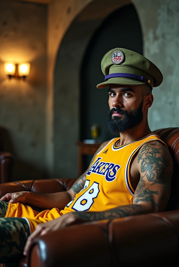 A tall man with a basketball ball head and a red eyes and black eyebrows sideburns beard and mustache wearing an army pattern Los Angeles Lakers uniform and a military hat with the name Sorena written on his name card on uniform is sitting on a couch in an underground bunker.