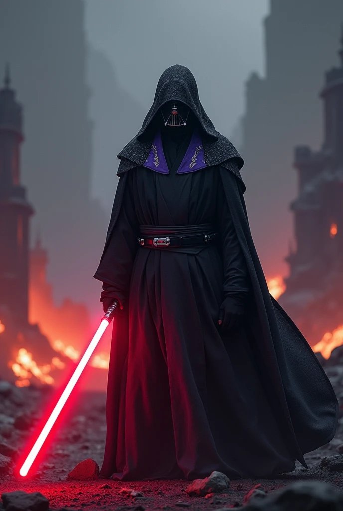 The app Clash of Clans as a Sith Lord from Star Wars, colors of the app (purple, white, yellow), red lightsaber, creepy, scary, ultra-realistic