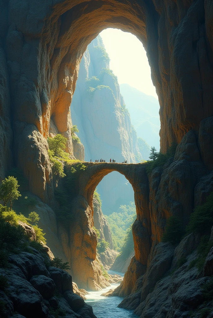 A mountain cave with a huge cliff and a bridge connecting the cave exit and the dark part