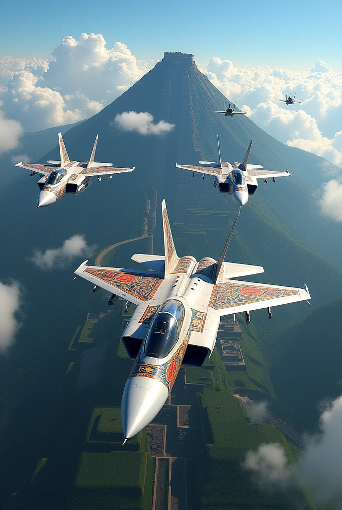 4 Su 33 planes flying seen from the side with Aztec Empire motifs, Aztec city in the background