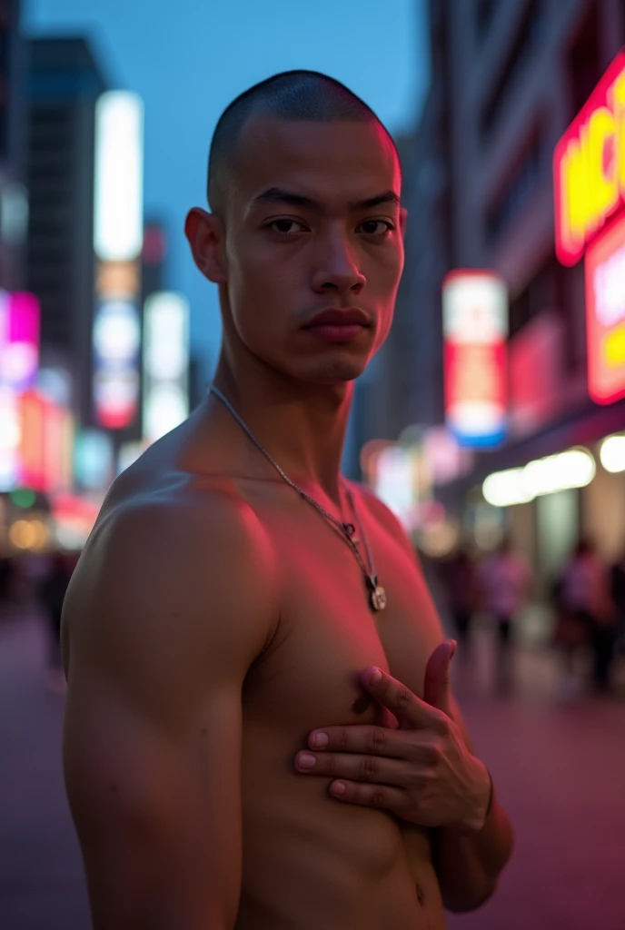 19-year-old Asian man takes off his shirt, has his head and eyebrows shaved until he's bald.