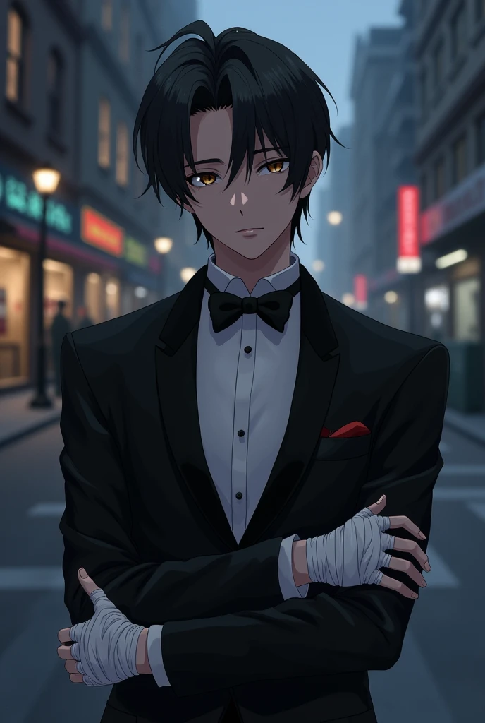 Anime guy. Indifferent. Portrait. Tuxedo. Bandages on hands. Short hair