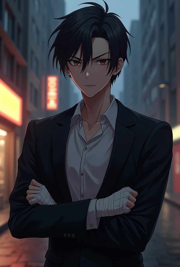 Anime guy. Indifferent. Portrait. Tuxedo. Bandages on hands. Short hair