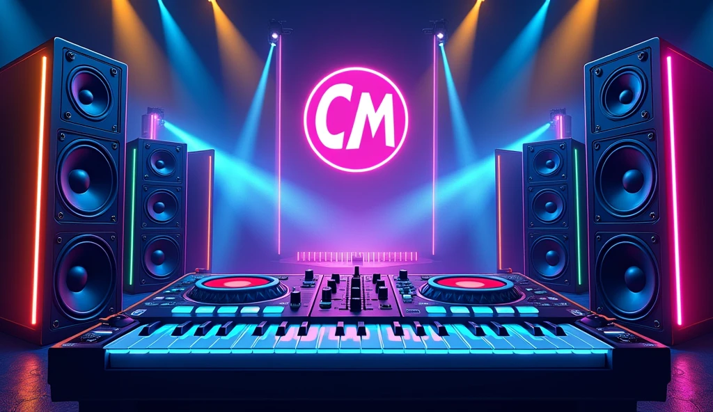 poster with large speakers and musical equipment in the background, neon blue color scheme, large sound waves coming from speakers, black white yellow green orange purple pink red palette, in the style of photorealistic, in the style of hyper realistic. 30locent disco", background of huge speakers, keyboard and audio equipment in the foreground, neon lights, vector graphics, bright colors, neon blue light effect, musical theme, logo for DJ club "CM". Vector illustration. A poster with a big sound system, dj music festival flyer or party flyer template design, in the style of ultra realistic photography