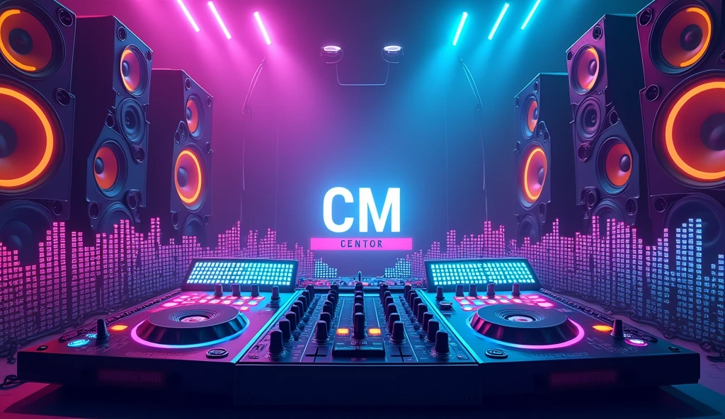 poster with large speakers and musical equipment in the background, neon blue color scheme, large sound waves coming from speakers, black white yellow green orange purple pink red palette, in the style of photorealistic, in the style of hyper realistic. 30locent disco", background of huge speakers, keyboard and audio equipment in the foreground, neon lights, vector graphics, bright colors, neon blue light effect, musical theme, logo for DJ club "CM". Vector illustration. A poster with a big sound system, dj music festival flyer or party flyer template design, in the style of ultra realistic photography