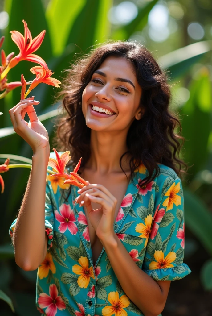 A Brazilian woman in a lush tropical garden, wearing an open shirt with a floral print, with a close-up capturing the harmonious beauty between her breasts and the natural flowers, showing off your natural charm and outgoing personality.