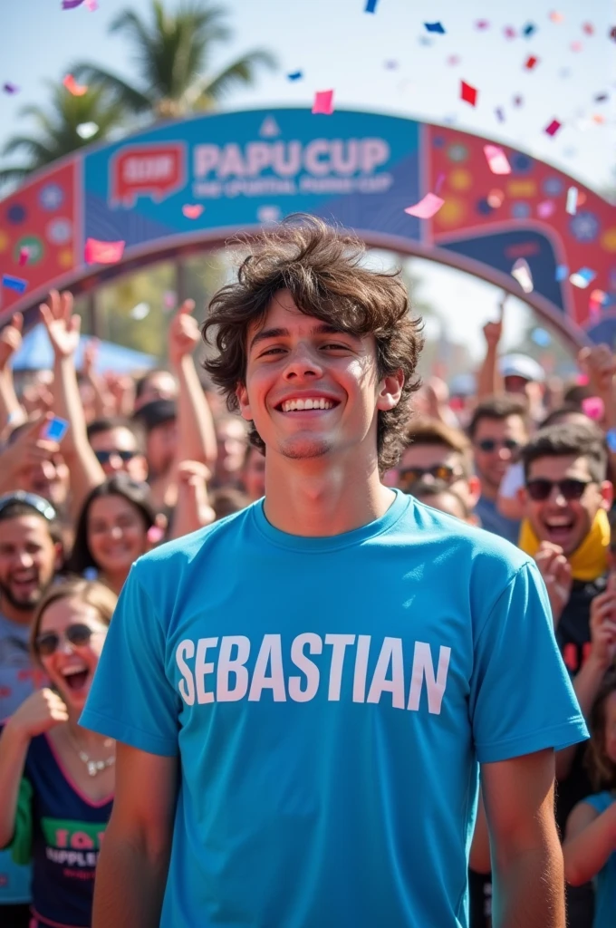 Generate an image of a young man winning a competition called Papu Cup with a t-shirt that has Sebastian written on it