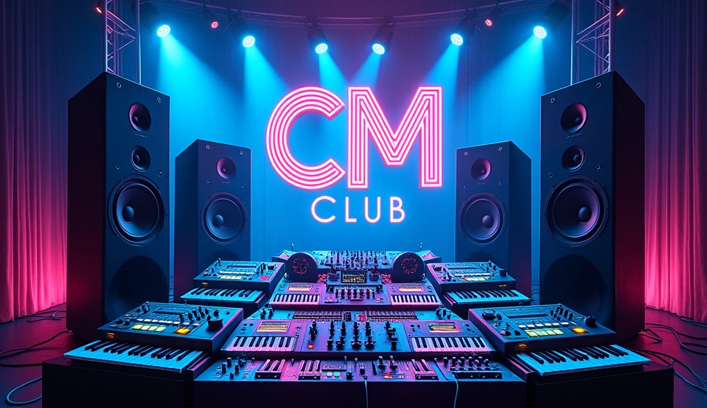 poster with large speakers and musical equipment in the background, neon blue color scheme, large sound waves coming from speakers, black white yellow green orange purple pink red palette, in the style of photorealistic, in the style of hyper realistic. 30locent disco", background of huge speakers, keyboard and audio equipment in the foreground, neon lights, vector graphics, bright colors, neon blue light effect, musical theme, logo for DJ club "CM". Vector illustration. A poster with a big sound system, dj music festival flyer or party flyer template design, in the style of ultra realistic photography