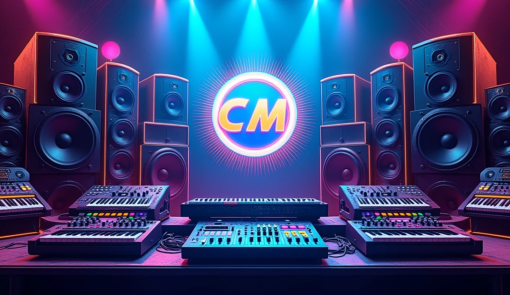 poster with large speakers and musical equipment in the background, neon blue color scheme, large sound waves coming from speakers, black white yellow green orange purple pink red palette, in the style of photorealistic, in the style of hyper realistic. 30locent disco", background of huge speakers, keyboard and audio equipment in the foreground, neon lights, vector graphics, bright colors, neon blue light effect, musical theme, logo for DJ club "CM". Vector illustration. A poster with a big sound system, dj music festival flyer or party flyer template design, in the style of ultra realistic photography