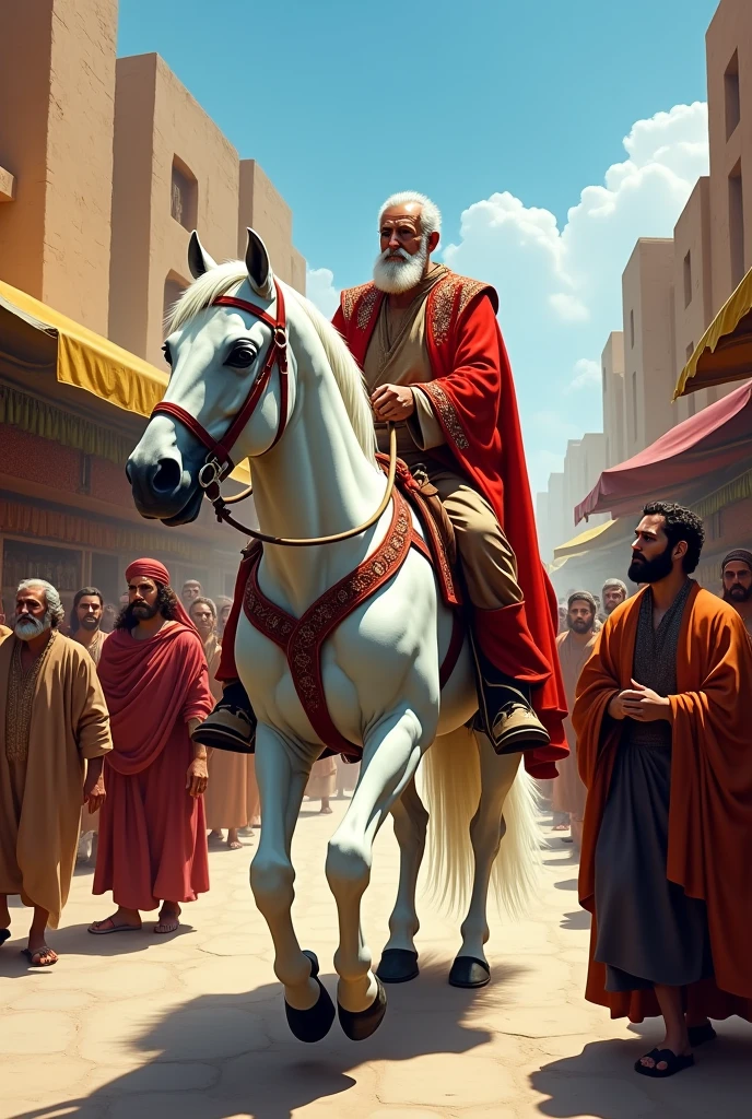 Create for me an image of the book of Esther chapter 6 Haman leading a horse with Mordecai riding it