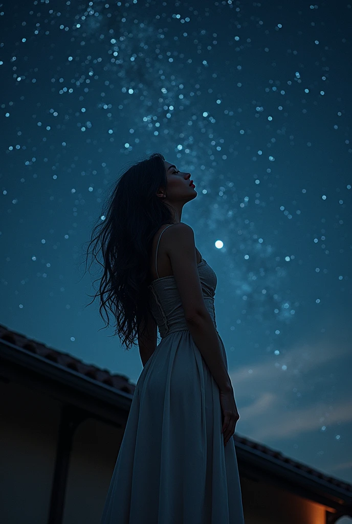 a pretty woman , longs cheveux noirs, Red lips, carrying his daughter on his back, on the roof of the house, gazing at the stars,