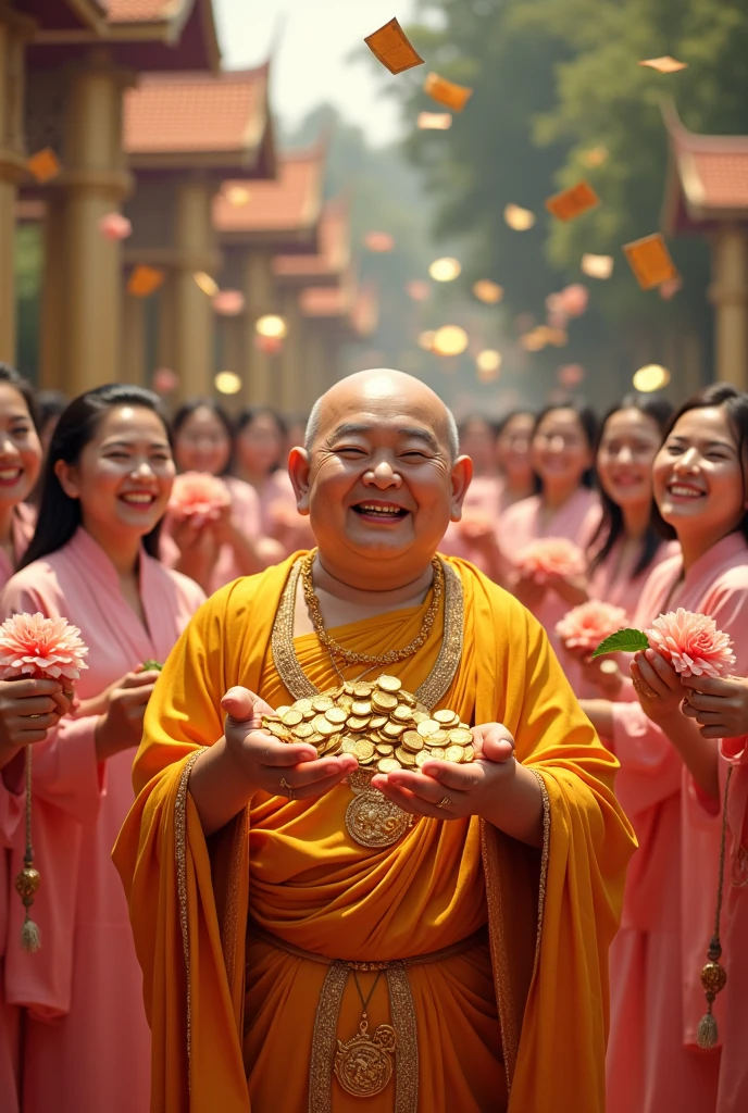 Innocent happy smiling rich buddha saint and women giving me lot of gold and pink flowers and their wealth and royal place to me from their both hands they are giving me happily all smiling looking at camera and really happy lot of people and girls giving me money