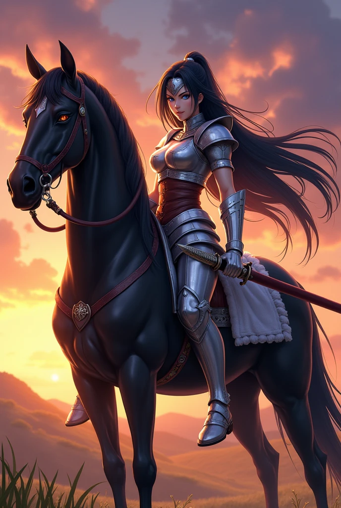 Kaome Higurashi a brave and beautiful warrior who uses a silver armor, black hair, blue eyes and turgid body, He carries a sword on his black horse

