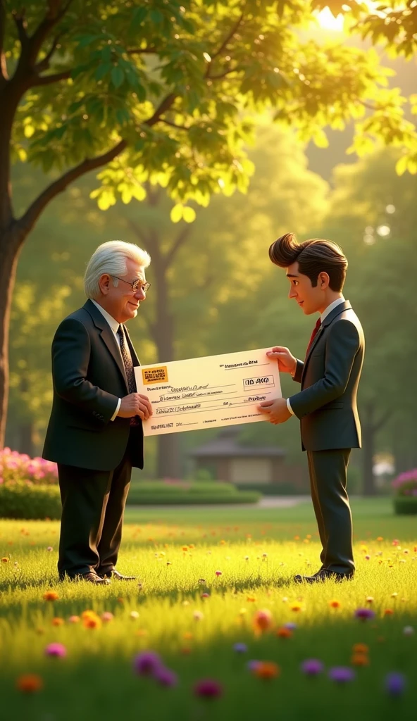 a rich old man giving a sad handsome business man a cheque at a park, 3d, pixar style, cinematic,masterpiece, aesthetic, realistic