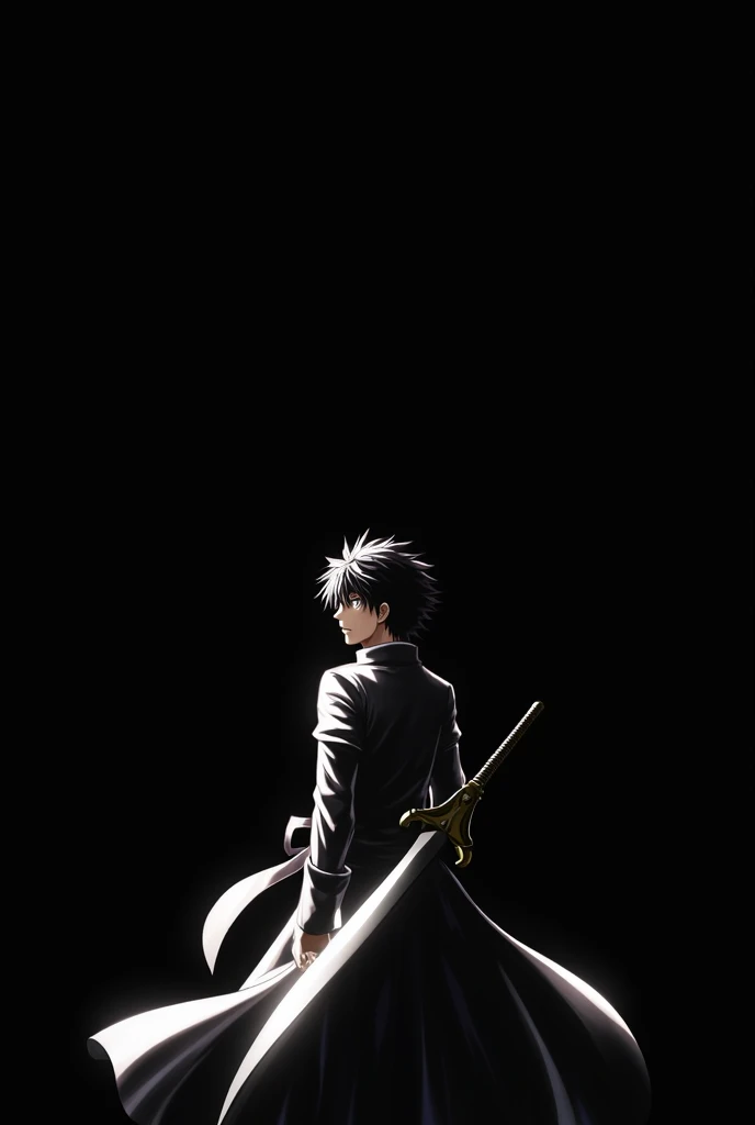 Genera un wallpaper 4k todo negro pero que incluya Character Yami del anime black clover en blanco (Character) not too big that takes up either the bottom or only half of the screen please