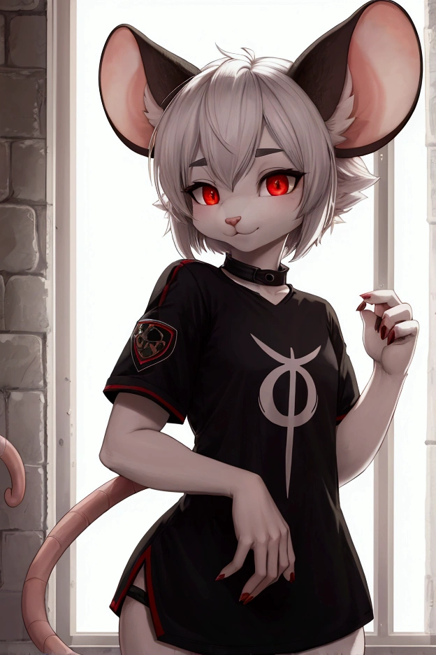 White Fur Mouse Girl, Eyes red, Bigodes.   fine for a while,black jersey, High definition,HD 4k, rat tail, mouse ears, anthropomorphic time, furry ,shorth hair, it has a single tail 