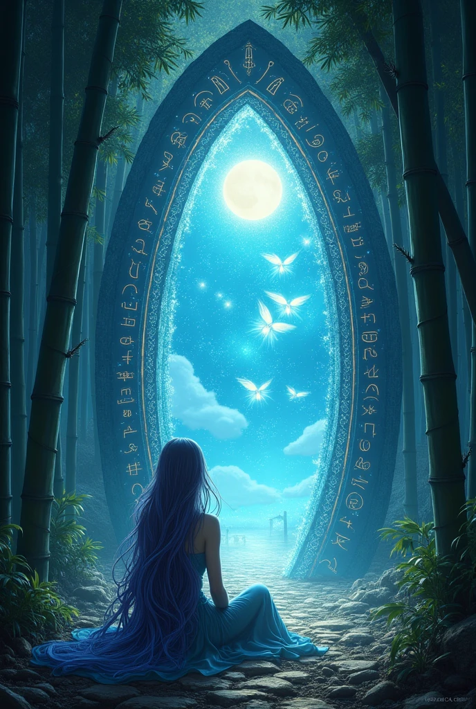 a comic anima picture of a human sorceress sittings in (bamboo forest: 1.3), opening a large magical doorway, with magical runes on it, looking into the (heavens: 1.3), fantasy art, RPG art, an epic beautiful human woman, (ultra detailed face: 1.4)  dynamic hair color, dynamic hair style, dynamic eyes color, dynamic dress (best details, Masterpiece, best quality), bamboo, the magical doorway opens into the heavens and you can see angels flying, glowing arcane sigils GlowingRunes_paleblue, fantasy bamboo forest at night, moon light, moon rays, stars, Ultra-high resolution, High Contrast, (masterpiece:1.5), highest quality, Best aesthetics), 16K fantasy art, best details, best quality, highres, (ultra wide angle: 1.2), 16k, [ultra detailed], masterpiece, best quality, (extremely detailed), Cinematic Hollywood Film
