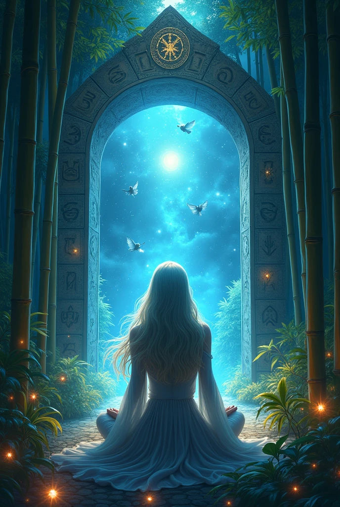 a comic anima picture of a human sorceress sittings in (bamboo forest: 1.3), opening a large magical doorway, with magical runes on it, looking into the (heavens: 1.3), fantasy art, RPG art, an epic beautiful human woman, (ultra detailed face: 1.4)  dynamic hair color, dynamic hair style, dynamic eyes color, dynamic dress (best details, Masterpiece, best quality), bamboo, the magical doorway opens into the heavens and you can see angels flying, glowing arcane sigils GlowingRunes_paleblue, fantasy bamboo forest at night, moon light, moon rays, stars, Ultra-high resolution, High Contrast, (masterpiece:1.5), highest quality, Best aesthetics), 16K fantasy art, best details, best quality, highres, (ultra wide angle: 1.2), 16k, [ultra detailed], masterpiece, best quality, (extremely detailed), Cinematic Hollywood Film
