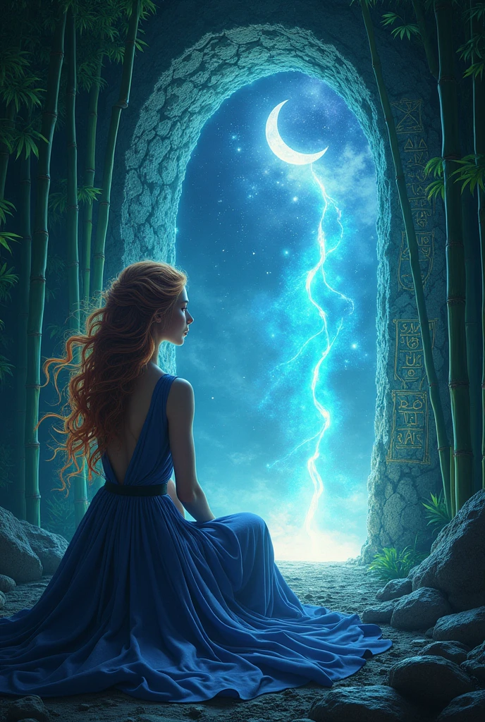 a comic anima picture of a human sorceress sittings in (bamboo forest: 1.3), opening a large magical doorway, with magical runes on it, looking into the (heavens: 1.3), fantasy art, RPG art, an epic beautiful human woman, (ultra detailed face: 1.4)  dynamic hair color, dynamic hair style, dynamic eyes color, dynamic dress (best details, Masterpiece, best quality), bamboo, the magical doorway opens into the heavens and you can see angels flying, glowing arcane sigils GlowingRunes_paleblue, fantasy bamboo forest at night, moon light, moon rays, stars, Ultra-high resolution, High Contrast, (masterpiece:1.5), highest quality, Best aesthetics), 16K fantasy art, best details, best quality, highres, (ultra wide angle: 1.2), 16k, [ultra detailed], masterpiece, best quality, (extremely detailed), Cinematic Hollywood Film
