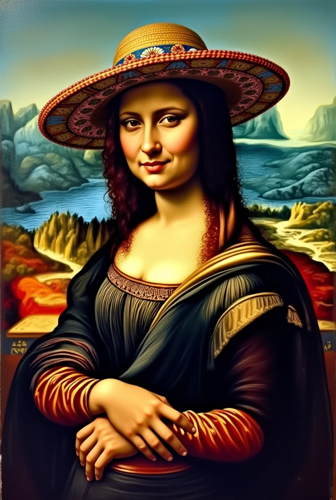 Painting of the Mona Lisa, Chola version from La Paz with hat and aguayo