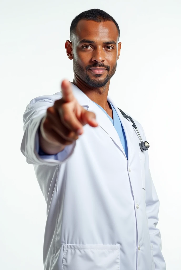 A MALE DOCTOR POINTING THE FINGER, AS IF YOU WERE GOING TO ASK A QUESTION. Background transparent. ultra-realistic.