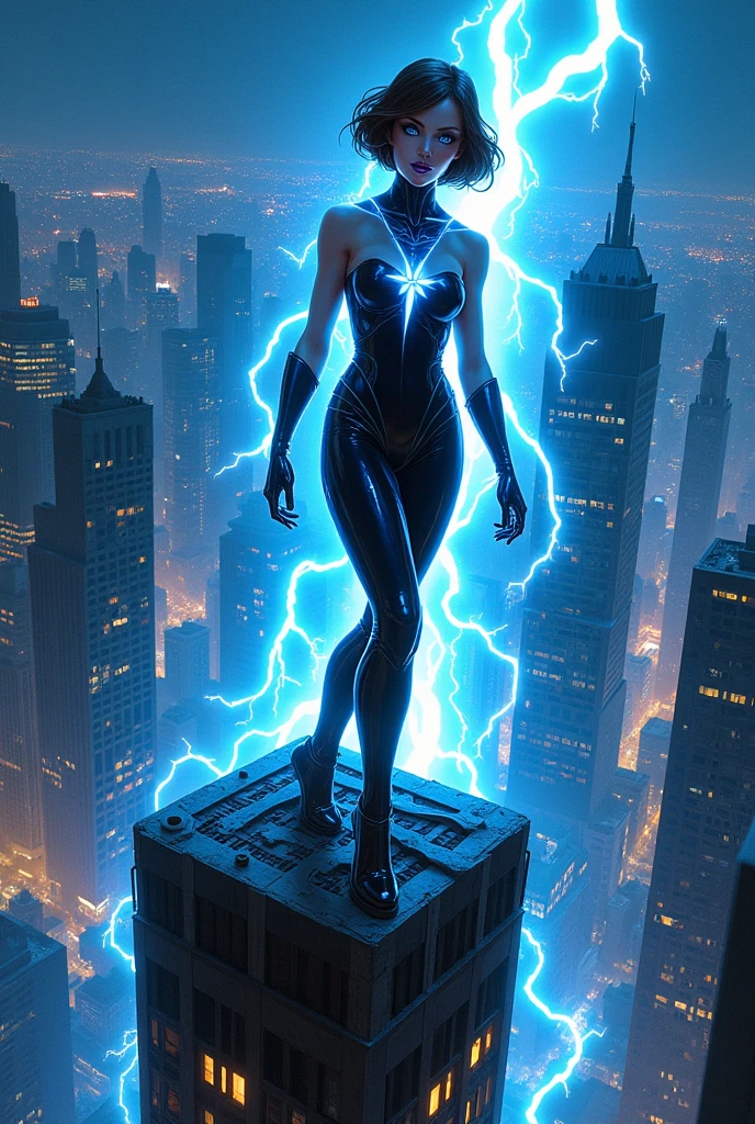 A sleekly designed (((supervillain lady))) with electrifying powers and a costume inspired by lightning, featuring brunette cropped hair and a sultry smile with striking blue glossy lips, piercing blue eyes, exuding an air of feminine menace and playful malice, (((destructively dominating a city))), with defeated heroes scattered about, suggesting a palpable sense of villainous triumph, her form poised elegantly against the backdrop of a futuristic metropolis, conveyed in crisp, clean lines.